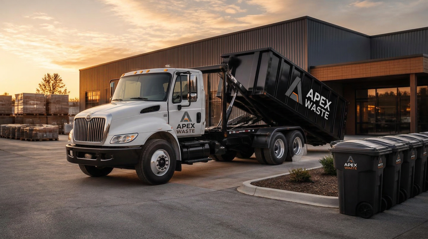 Apex Waste roll-off dumpster truck at a commercial facility